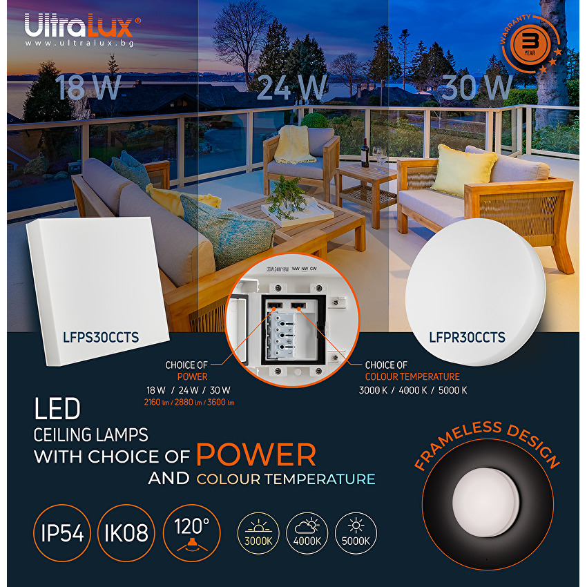 Plafonieră 18W/24W/30W, CCT 3000K/4000K/5000K, 220V-240V AC, IK08, alba, patrata, IP54, IK08 - imagine 6