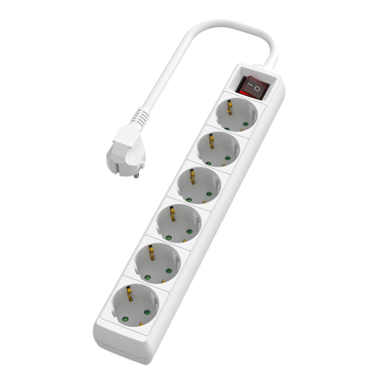 Prelungitor alb cu 6 prize Schuko cu întrerupător, 5 metri