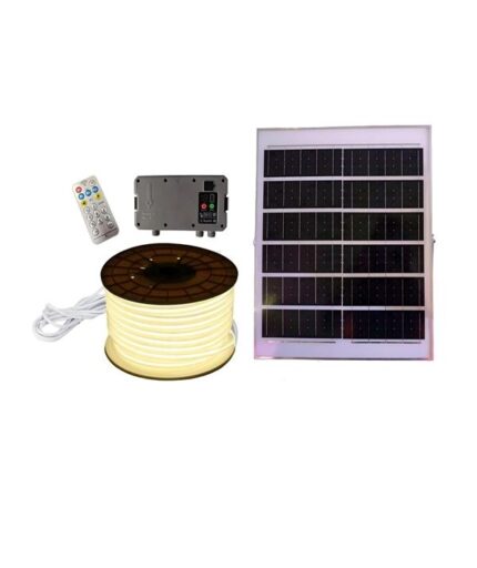 Bandă LED COB 50 metri cu panou solar 30W, IP65 și telecomandă, lumină caldă 3000K